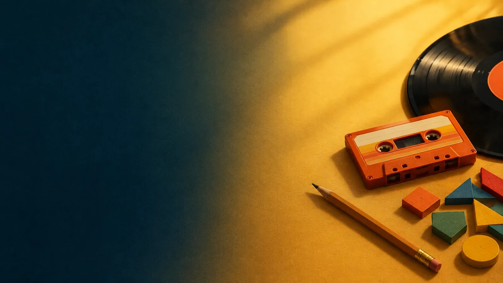 Warm retro still life with a vinyl record, cassette, pencil and puzzle pieces