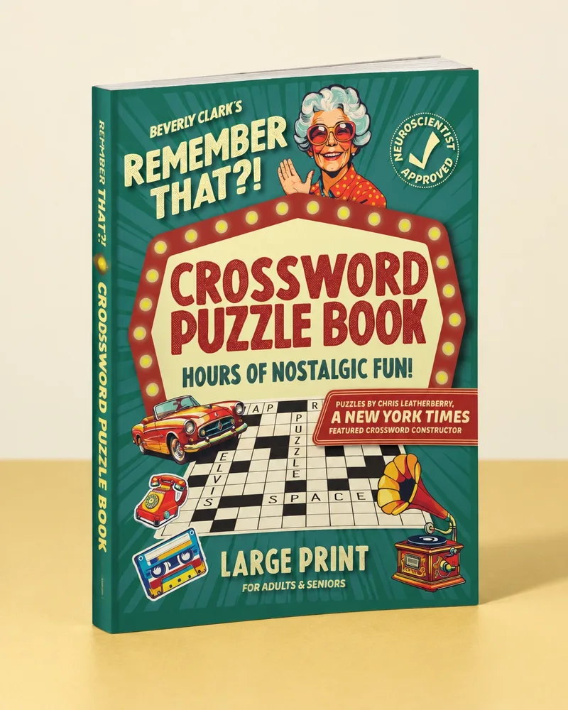 Three-dimensional paperback mockup of Beverly Clark's Remember That?! crossword puzzle book
